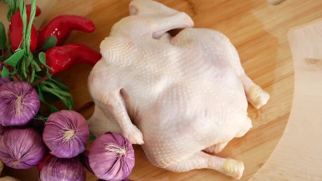 Raw whole chicken with red chili peppers and purple garlic on wooden board in kitchen setting