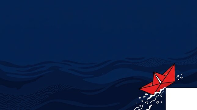 Red paper boat on dark blue waves.