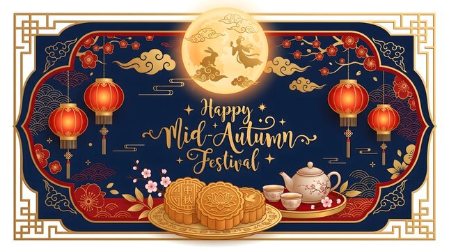 Mid-Autumn Festival greeting card with mooncakes, lanterns and full moon illustration