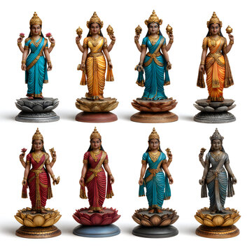 Set of eight standing goddess lakshmi figurines in various colors with asian art