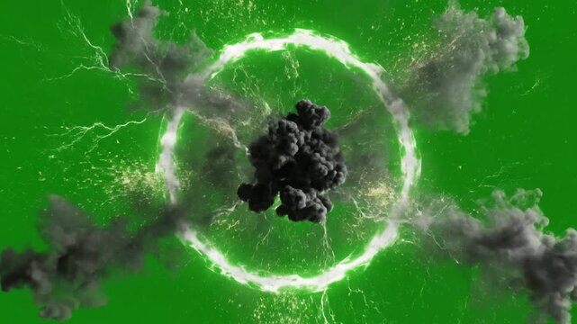 Exploding Energy Ring with Dramatic Smoke and Lightning on Green Screen