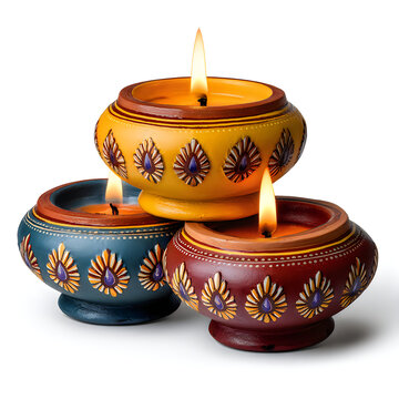 Three colorful traditional clay diya lamps with burning flames