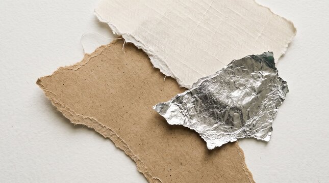 Torn textured paper sample, recycled brown kraft, off-white handmade pulp with silver metallic foil accent on white background, abstract craft material design closeup