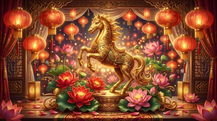 Fototapeta premium Ornate golden horse statue surrounded by vibrant pink lotus flowers and illuminated red lanterns celebrating the traditional lunar new year