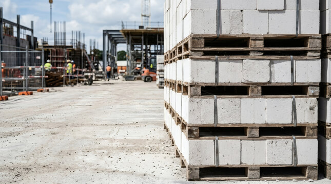 Industrial Raw Stock Pile of White Lightweight Concrete Blocks on Pallets