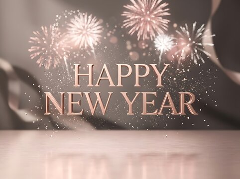 Happy New Year text in elegant rose gold letters against a festive background with celebratory fireworks and sparkling light effects