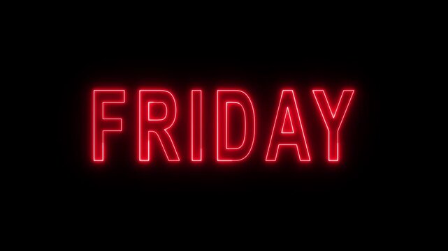 Red glowing neon text displaying Friday on dark background, day of the week header and event title concept