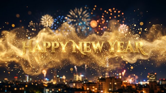 Happy New Year text written in golden letters with sparkling lights and fireworks background