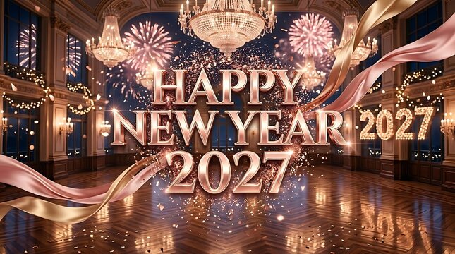 Luxurious new year 2027 celebration greeting card with elegant golden typography and festive fireworks display in a grand ballroom