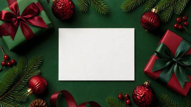 Blank Christmas card with gift boxes and red ornaments on a dark green background