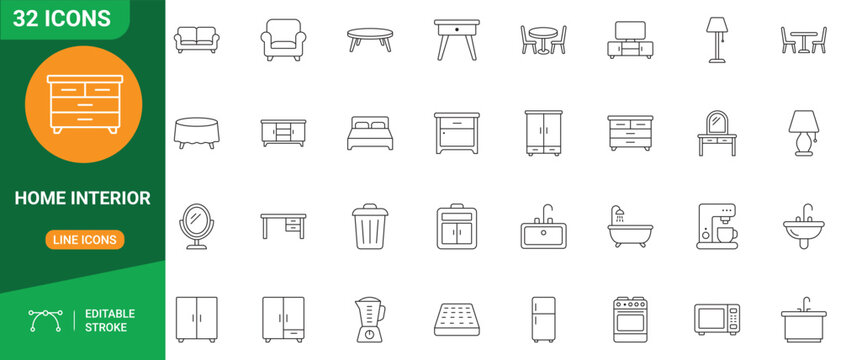 Home Interior Icon Set. Outline icons featuring residential living spaces, room decoration, and furniture layout. Editable stroke. Vector icon set. Full vector.