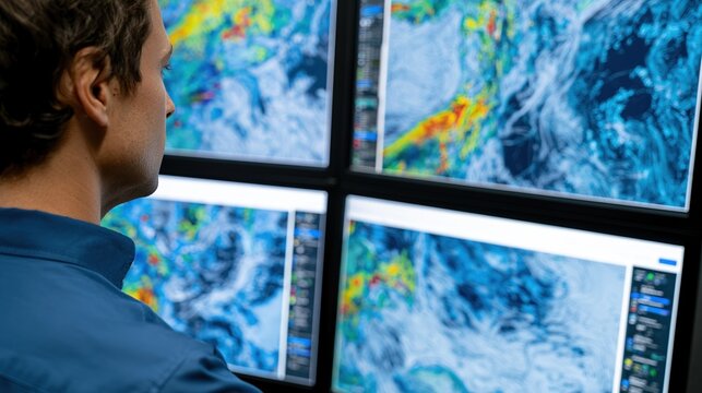 Technician analyzing weather radar on multiple monitor screens