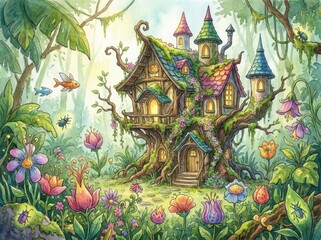 Fototapeta premium Fairytale treehouse stands in a magical enchanted forest surrounded by vibrant blooming flowers and lush greenery.