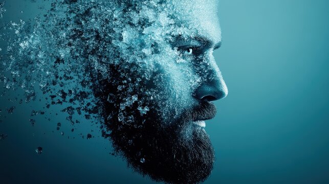 Digital art portrait of a man's face dissolving into icy fragments