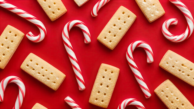 Christmas shortbread cookies and candy canes on a festive red background