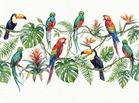 Tropical birds perch gracefully among lush rainforest leaves and exotic flowers in a horizontal border.