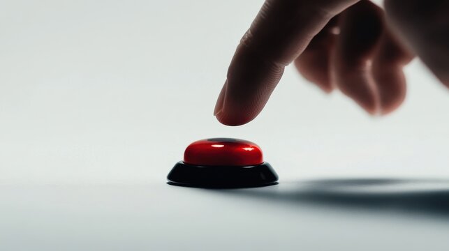 Finger poised to press a shiny red button on a white surface