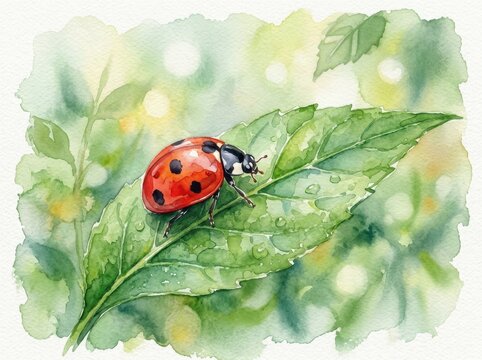 Ladybug rests on a wet green leaf surrounded by lush foliage in this watercolor illustration.
