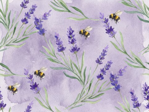 Lavender sprigs and bumblebees form a delicate watercolor botanical pattern against a violet wash.
