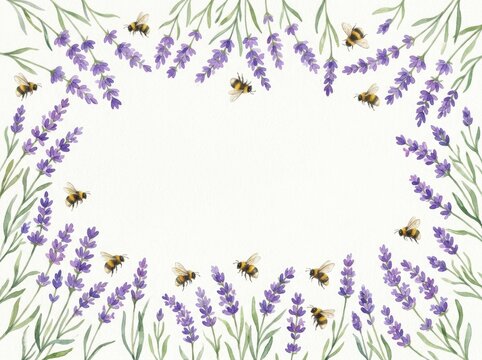 Lavender flowers and bumblebees frame a blank center in this botanical watercolor illustration.