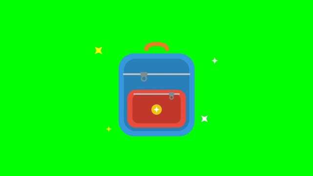 Animated backpack icon in bright green background video sequence.