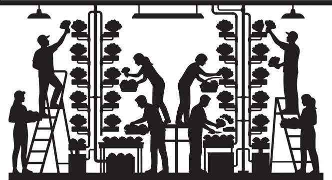 Vertical farming silhouette with workers harvesting crops, indoor hydroponic agriculture facility, industrial urban greenhouse vector