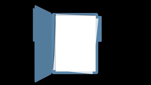 Blue vertical envelope folder file flat animation with open close motion and reveal white blank paper on black background and green screen. 4K animated for document placeholder and motion graphics.