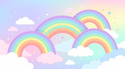 Obraz premium Colorful rainbows arching over fluffy clouds in a pastel sky.