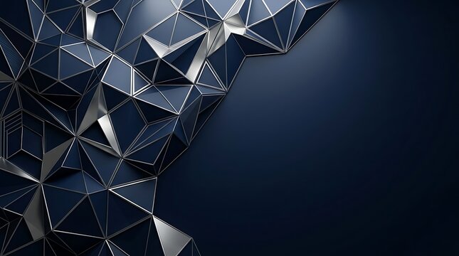 Abstract geometric background with dark blue polygons and silver edges creating a modern, textured, and dynamic design.