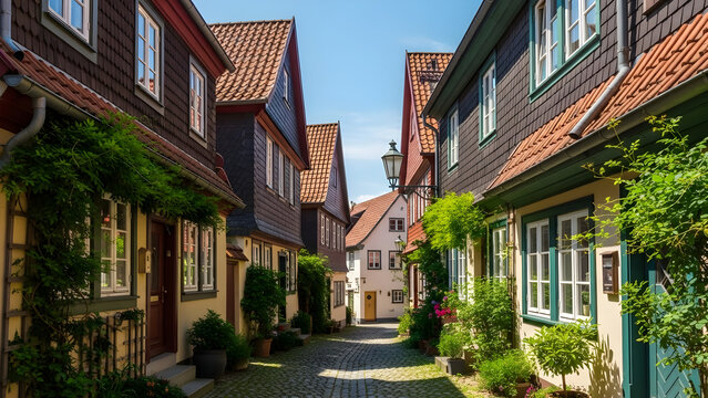 Picturesque narrow cobblestone street lined with traditional timber-framed houses and lush green potted plants in a historic German village town