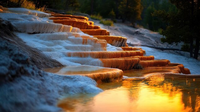 Golden Hour Light on Travertine Terraces at Mammoth Hot Springs