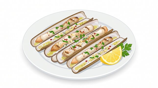Isometric illustration of grilled razor clams on a white plate