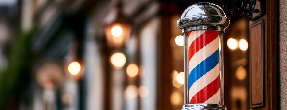 Vintage barber pole with red and blue stripes outside a barbershop  