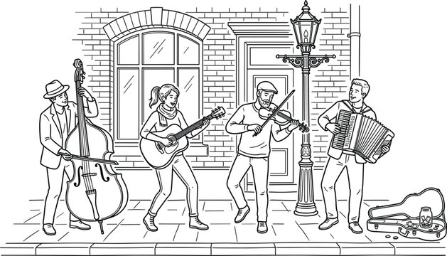Street musicians band playing music on sidewalk sketch featuring double bass guitar violin and accordion buskers