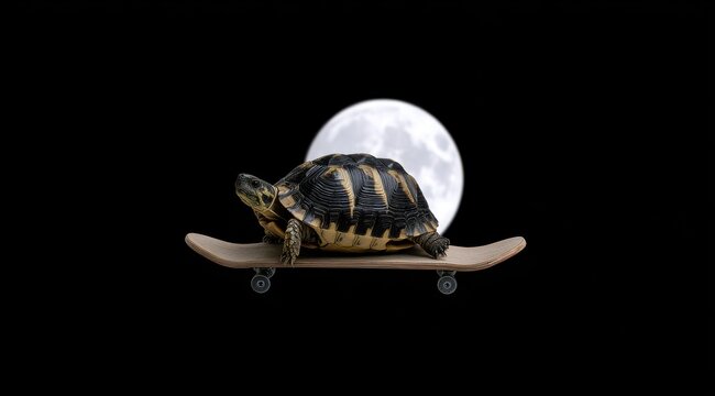 A tortoise on a skateboard under the full moon, a surreal night ride.
