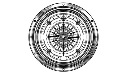 Detailed black and white engraving style illustration of an ornate vintage nautical compass rose with fleur de lis white background tshirt design line art navigation direction nautical © MDAHAD