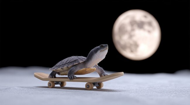 Funny Turtle Riding a Skateboard on the Moon Surface at Night