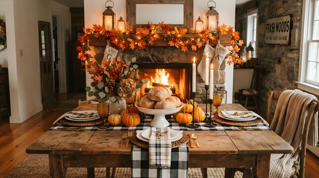 Rustic farmhouse dining table set for thanksgiving with a loaf of bread, candles, pumpkins, and plaid linens in front of a cozy stone fireplace