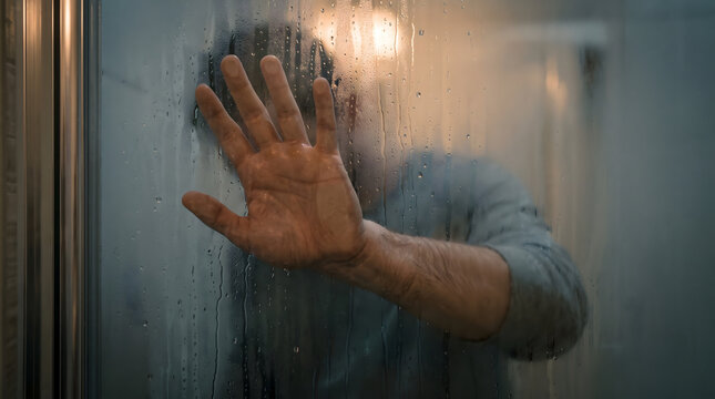 Person hand leaning on fogged glass shower door with water droplets suffering from claustrophobia and deep sadness