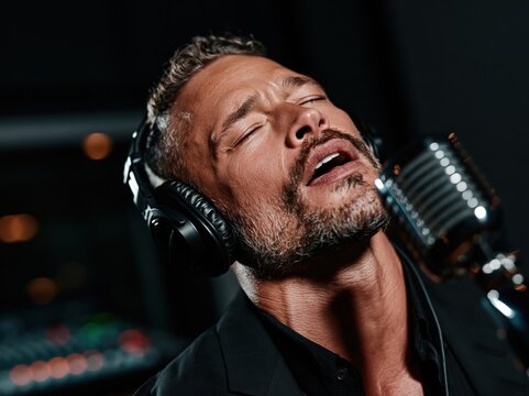 Male singer with headphones passionately performing into vintage microphone in studio