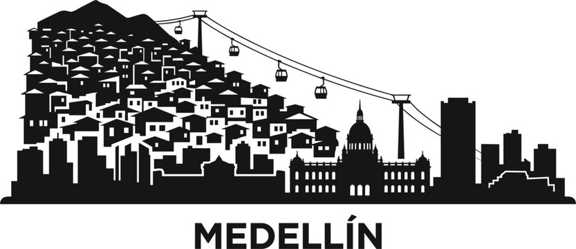 Medellin Colombia city skyline silhouette vector banner including hillside neighborhood metrocable cable car transit and downtown landmarks