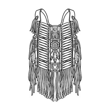 Black and white graphic illustration of a traditional woven textile garment with intricate fringe details Vector

