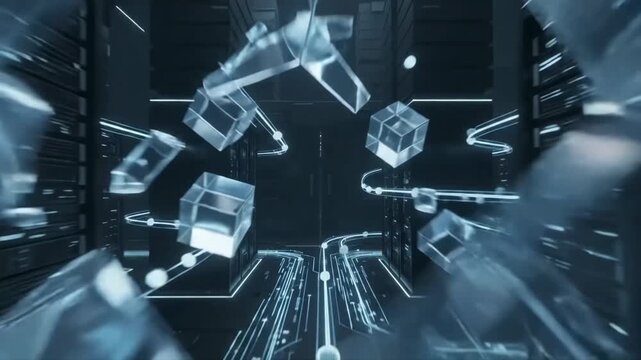Fast cinematic flight through layered digital security infrastructure with encrypted data streams, ideal for cybersecurity, secure networks, technology, and cyber defense.
