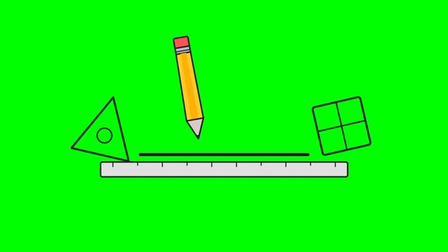 Educational drawing tools pencil ruler triangle and grid on green screen.