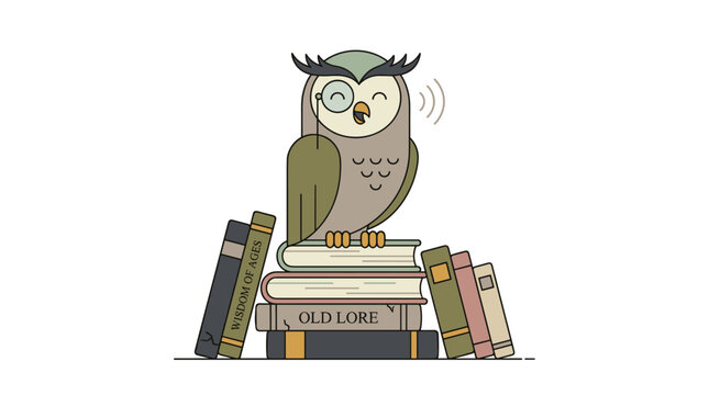 Wise Owl with Monocle Sits on Stack of Books
