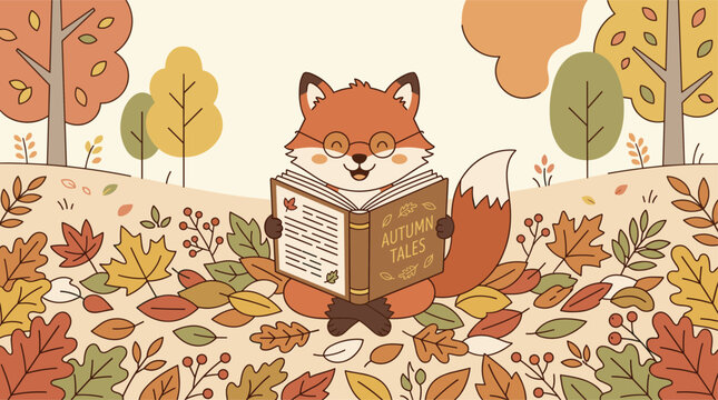 Cute Fox Reading Autumn Tales Book in Fall Leaves