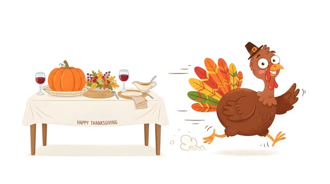 Cartoon thanksgiving turkey running away from a dinner table with pumpkin and wine isolated on white background