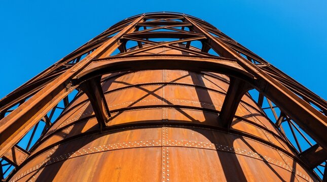 Low angle view of weathered industrial rusty metal tower structure against clear blue sky