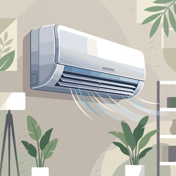 Illustration of a white wall-mounted split system air conditioning unit emitting cool air currents in a modern residential room with green houseplants and furniture.