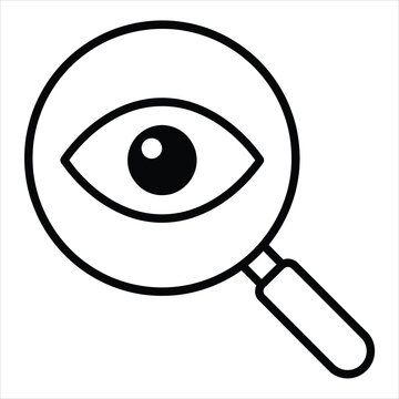 Black outline magnifying glass with central eye symbol for searching analysis research and visual inspection data.